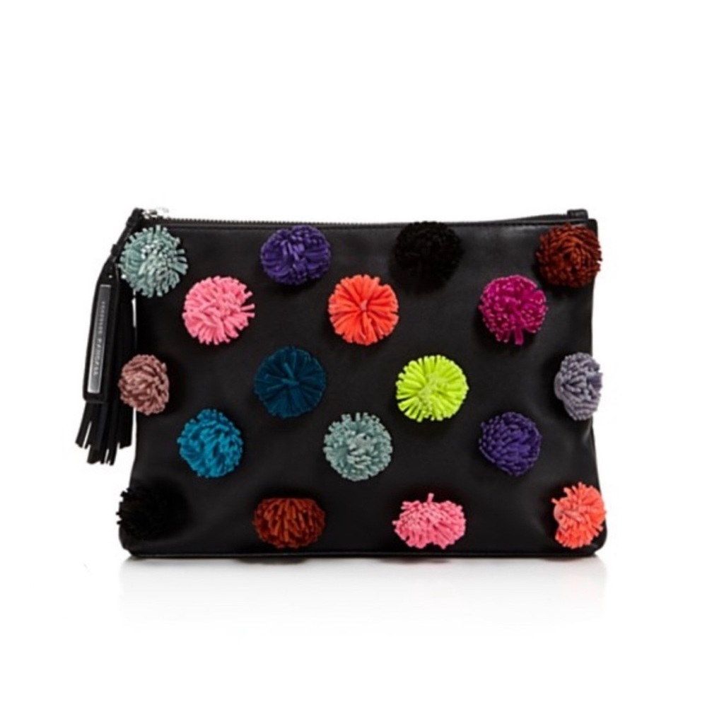 Loeffler Randall black Pom Pom leather clutch bag handbag pink green purple